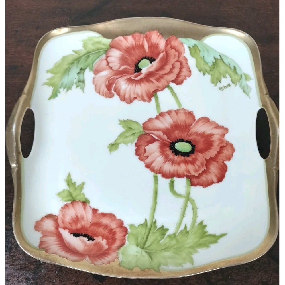 Vintage Hand Painted Bavaria Porcelain Square Serving Tray Red Poppy Floral Gold